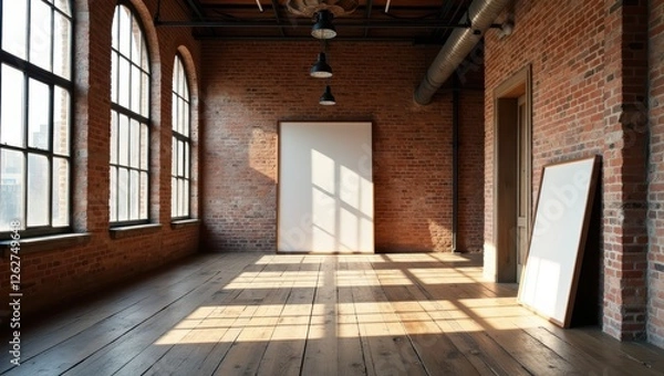 Fototapeta Sunlit Loft Interior with Exposed Brick Walls and Large Windows