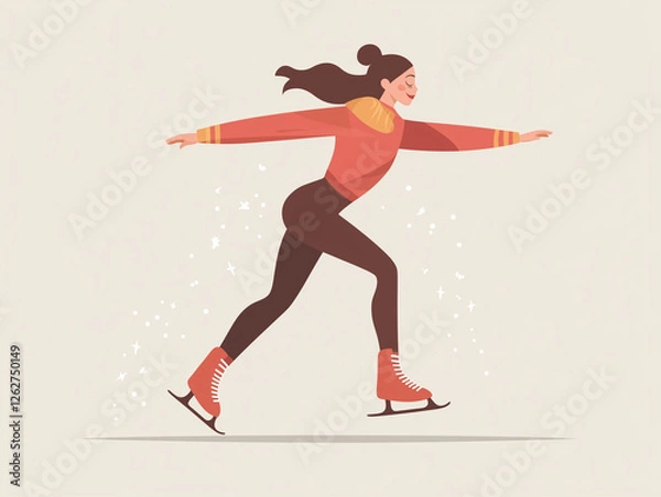Fototapeta A girl glides across the ice in a simple flat-style illustration. The minimalist design captures the elegance of figure skating, emphasizing movement and winter sports aesthetics