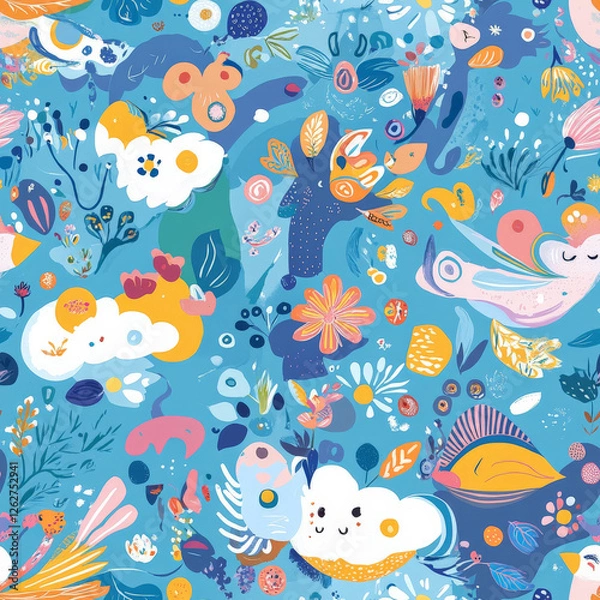 Fototapeta A vibrant shape-shifting world pattern where kids can transform into birds, clouds, or flowers with a touch of magic