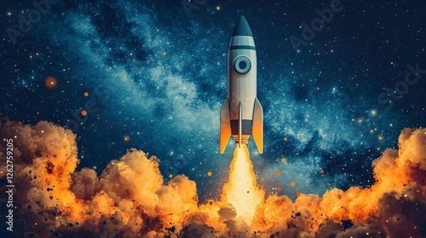 Fototapeta Startup growth concept featuring a rocket launching from a financial growth chart