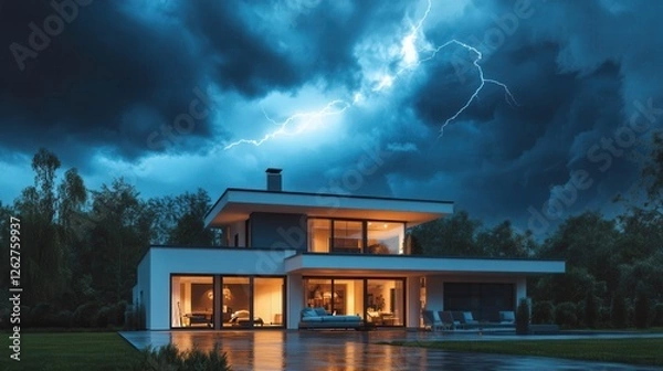 Fototapeta Serene modern house illuminated by warm light amidst a dramatic thunderstorm at dusk. Generative AI