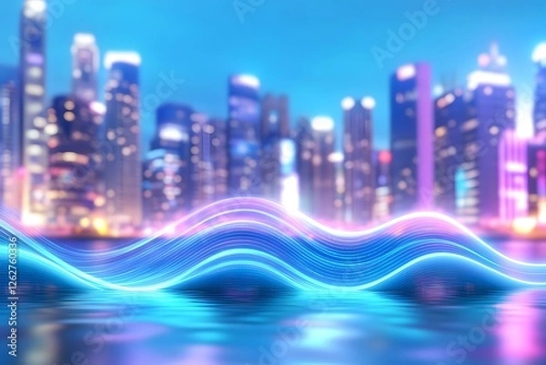 Obraz Abstract blue digital sound wave with a ship and city background