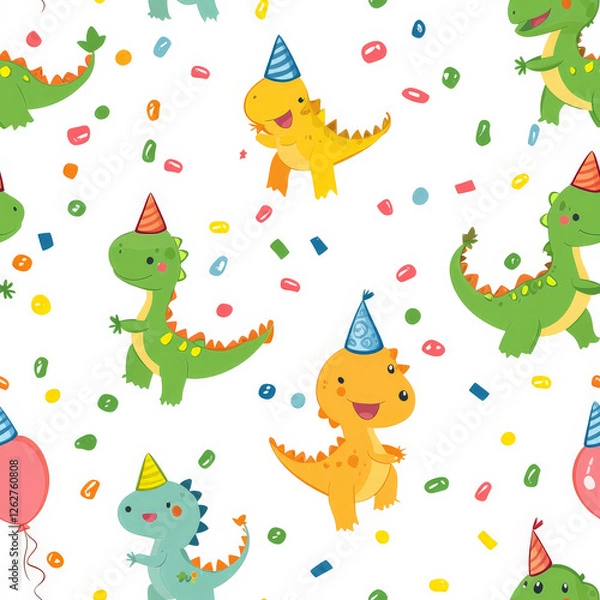 Fototapeta A fun birthday dinosaur pattern with cute, party-hat-wearing dinosaurs celebrating with balloons and confetti