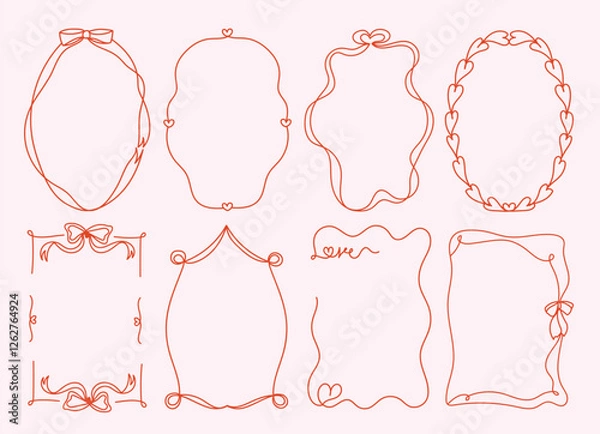 Fototapeta Set of simple and whimsical  hand drawn border and frames illustrations for Valentine's Day, weddind,invitation, card,cover, banner, poster and more