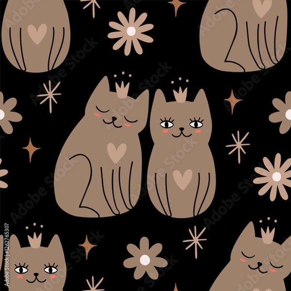 Obraz Сats in love on black background. Seamless pattern