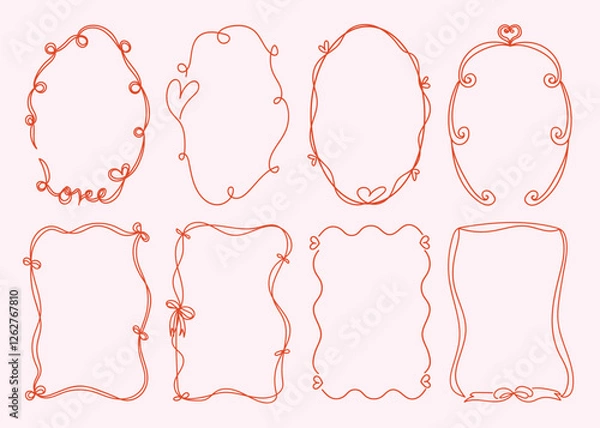 Fototapeta Set of simple and whimsical  hand drawn border and frames illustrations for Valentine's Day, weddind,invitation, card,cover, banner, poster and more