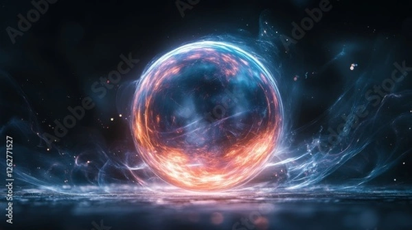 Fototapeta Glowing orb with blue and orange energy swirls around