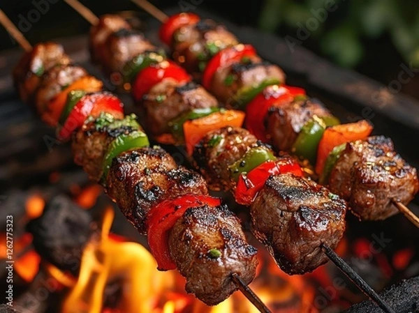 Fototapeta Grilled Meat and Vegetable Skewers on Flames