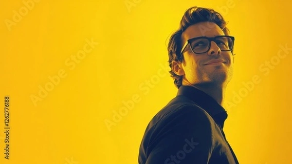 Fototapeta man in glasses looking upward against yellow background
