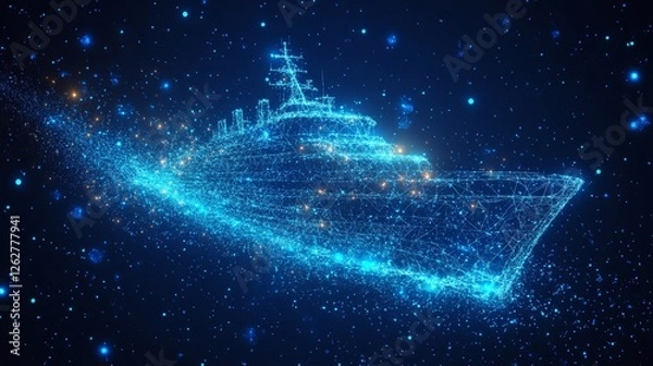 Fototapeta Blue Technology Background, Digital Boat, Abstract Watercraft, Lines, Connected Dots, Triangles