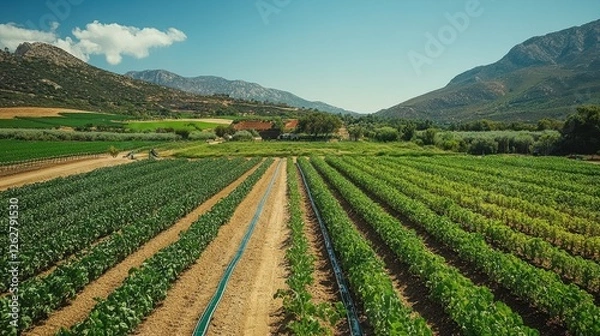 Fototapeta Lush green fields with rows of crops against a backdrop of mountains and a clear blue sky.