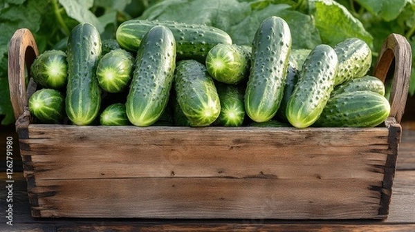 Fototapeta Fresh cucumbers piled in a rustic wooden basket with a natural green backdrop.