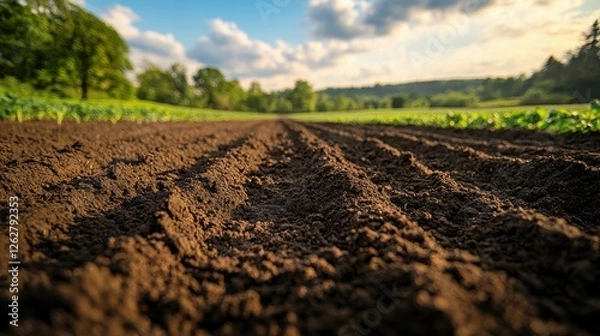 Fototapeta A close-up view of freshly plowed soil under a bright sky, showcasing natural textures and agricultural potential.