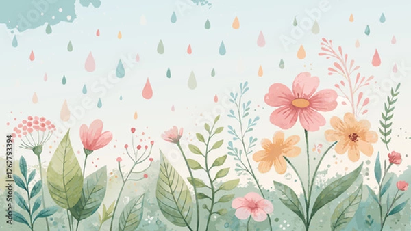 Fototapeta Watercolor raindrop background, pastel colors, refreshing spring rain nature growth with copy space