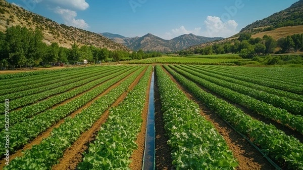 Fototapeta Lush green farmland with rows of crops under a clear blue sky and distant mountains.