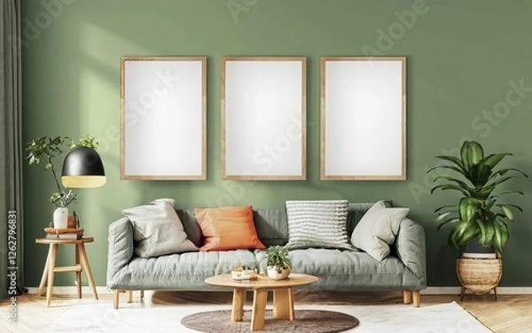 Fototapeta A cinematic medium shot of a modern, minimalistic interior with a black thin-framed blank vertical poster on the wall. The room has hardwood floors, a sofa, plants, and a lamp using AI generated