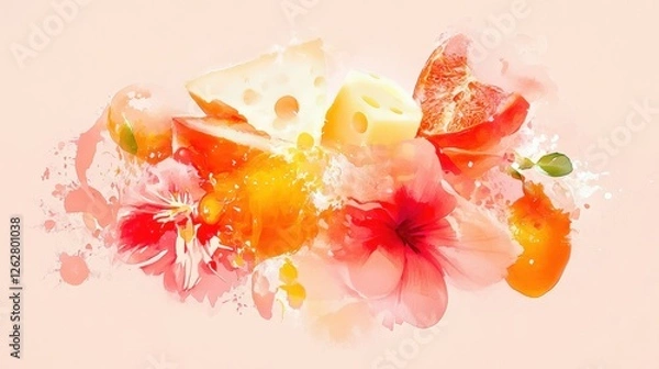 Obraz Vibrant composition of fruits, cheese, and flowers on a soft pink background, showcasing freshness