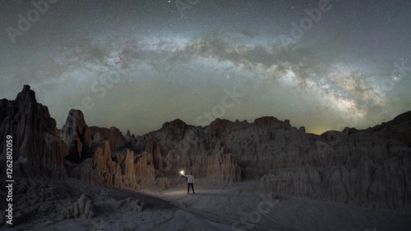 Obraz Milky Way Panorama arching over a rock formation in Cathedral Gorge State Park Nevada 