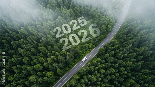Fototapeta Aerial top view road in forest with car to start the new year 2026 Goal plan action, Business target and growth strategy. Business annual plan and development for achieving goals and success.