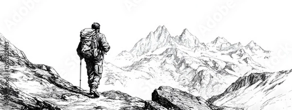 Fototapeta Black and white ink drawing of an explorer with walking sticks in the mountains
