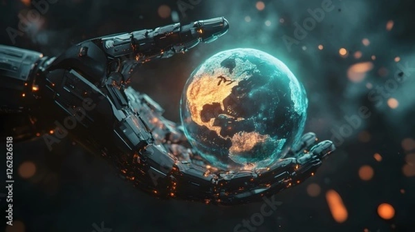 Fototapeta Futuristic Robot Hand Holding Glowing Earth with Digital Elements