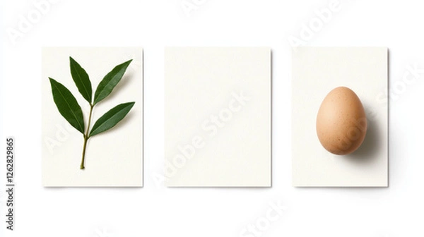 Fototapeta Fresh leaves and egg on blank cards create minimalist composition