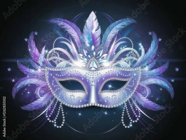 Fototapeta Elegant purple mask adorned with feathers and jewels for masquerade events