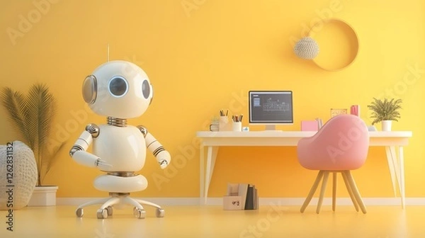 Fototapeta Friendly Robot in Modern Home Office with Yellow Wall Background