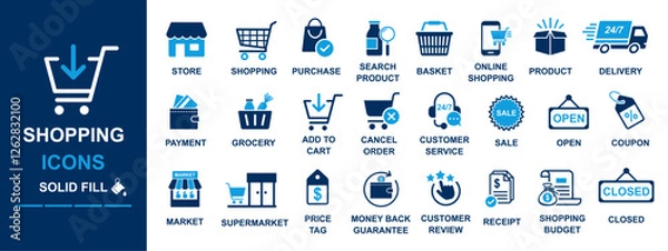 Fototapeta shopping icon set including store, purchase, search product, online shopping, product, delivery, payment, grocery, cancel order, customer, service, sale, coupon, guarantee, tag, receipt, budget, open 