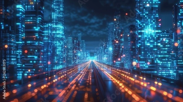 Fototapeta A futuristic cityscape with illuminated skyscrapers and vibrant light trails, creating a dynamic and immersive digital environment.