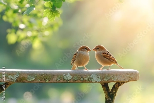 Fototapeta Two sparrows perched on a rustic bench in sunlit garden setting