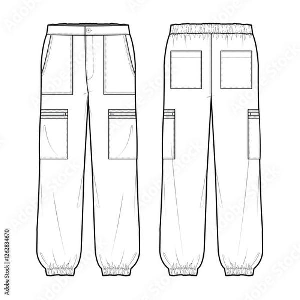 Fototapeta Technical flat sketch of Utility jogger pants. Low rise long bottoms with cargo patch pockets. Vector mock up Template. 