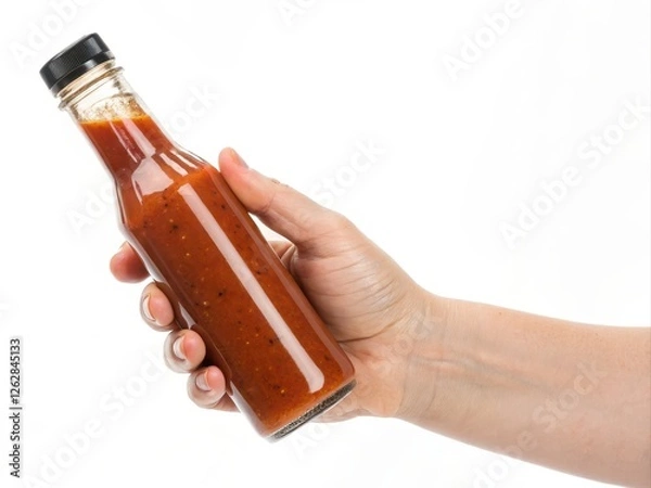 Fototapeta Hand Holding Bottle of Sauce Isolated on White Background for Culinary and Food Concepts