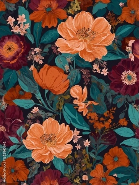 Fototapeta A seamless floral pattern featuring vibrant cherry blossoms, lush green leaves, and delicate birds, creating an elegant and timeless design in rich red and pink tones.