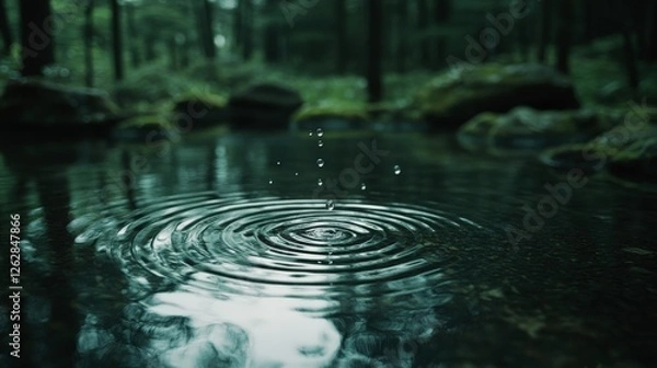 Fototapeta Tranquil Forest Pond with Water Droplets Creating Concentric Ripples