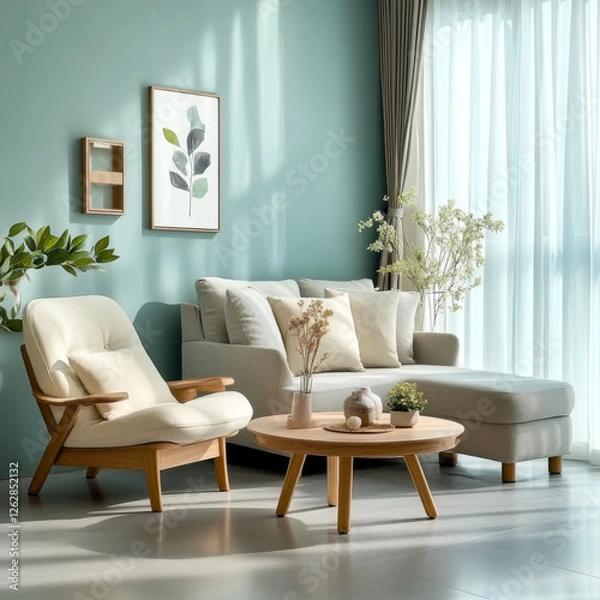 Fototapeta Wooden coffee table and chair. gray sofa against green wall
