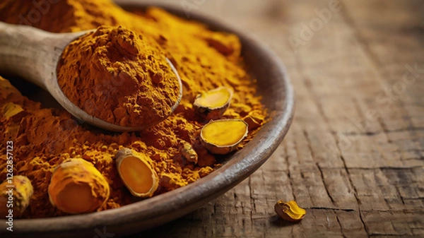 Obraz "Turmeric Powder in a Bowl: Culinary Uses and Health Benefits"