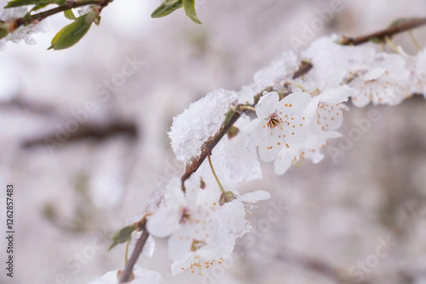 Fototapeta Cherry blossoms under the sky covered with a layer of snow in spring