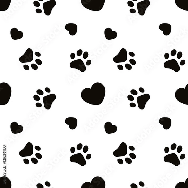 Obraz Cat footprint Seamless pattern. Cat paw print seamless pattern. Cat footprint and heart endless pattern. Cat print trail repeating pattern