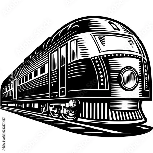 Fototapeta Art Deco Train on white background, sketch engraving illustration. Scratch board imitation. Black and white image.