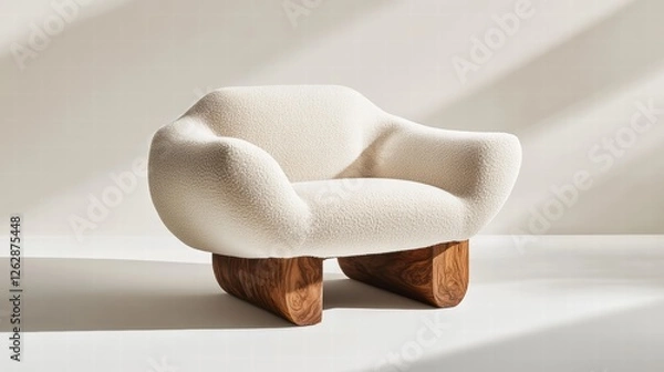 Obraz A cozy, high-end beige armchair with a floating wooden base, plush textured upholstery, and refined curved lines, conveying elegance in a clean, modern setting