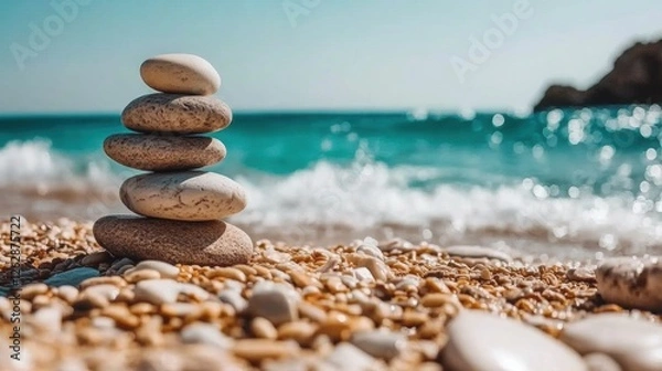 Obraz A stack of smooth, balanced stones on a tranquil beach, with soft ocean waves and misty morning light in the background. The muted color palette enhances the calming effect