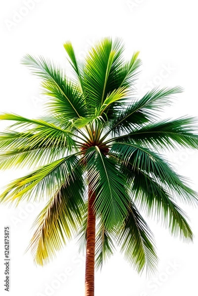 Fototapeta An elegant coconut palm tree with vibrant green leaves on a white background.