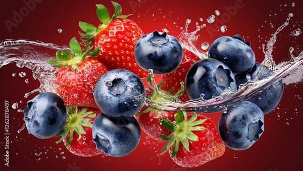Fototapeta Fresh blueberries and strawberries splash in the water on a bright red background