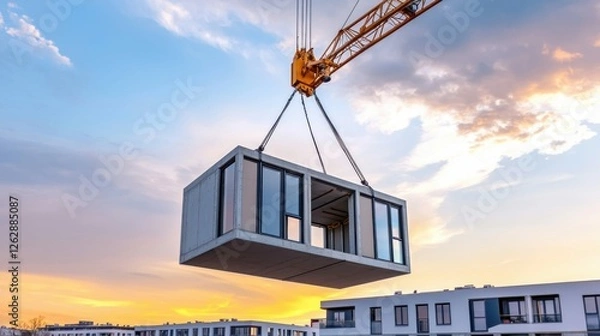 Obraz Crane Hoisting Modular Unit on Construction Site