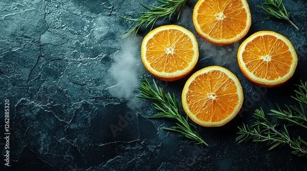 Fototapeta Bright citrus slices and fragrant herbs rest on a deep slate surface, illuminated by moody lighting, while wisps of steam rise, adding depth and sophistication to the scene.