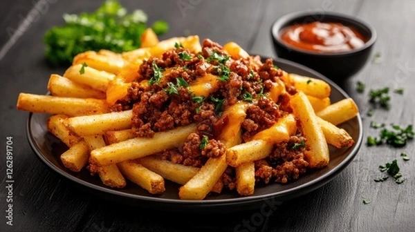 Fototapeta A plate of crispy golden french fries smothered in a rich spicy chili and melted cheese sauce garnished with diced tomatoes onions and fresh herbs  The dish is presented on a dark background