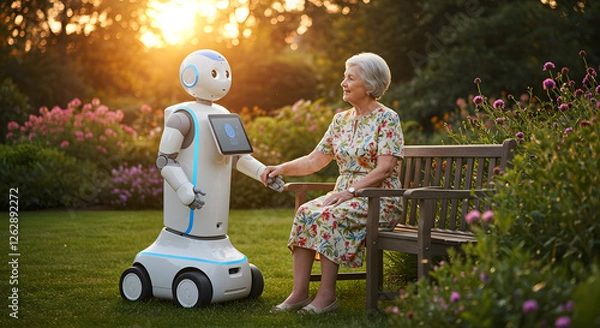 Fototapeta Friendly robot companion assisting elderly woman in a beautiful garden setting during golden hour sunlight ai care blue kind on transparent background