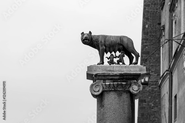 Fototapeta Black and white photo showing the statue of roman wolf  giving milk to Romulus and Remus standing on the top of an ancient roman marble column