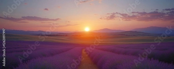 Fototapeta Rolling Fields of Lavender at Sunset, Generative AI